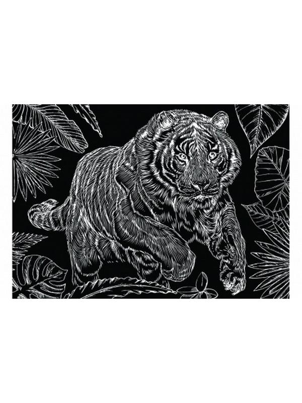 Гравюра А5 в пакете с ручкой. Золото. ТИГР НА ОХОТЕ