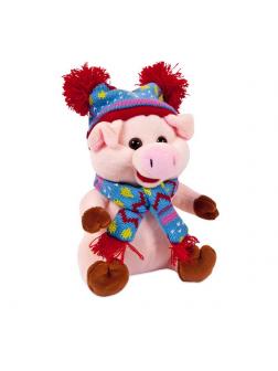Свинка в голубой шапочке и шарфе с помпонами, 17 см игрушка мягкая