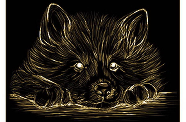 Гравюра А4 в пакете с ручкой. Золото. ПУШИСТАЯ СОБАЧКА