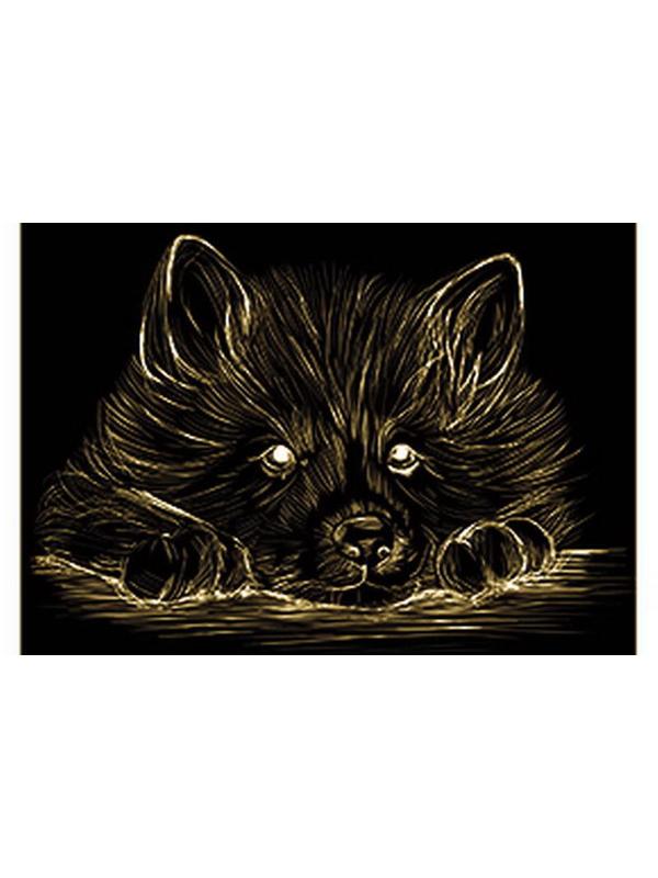 Гравюра А4 в пакете с ручкой. Золото. ПУШИСТАЯ СОБАЧКА