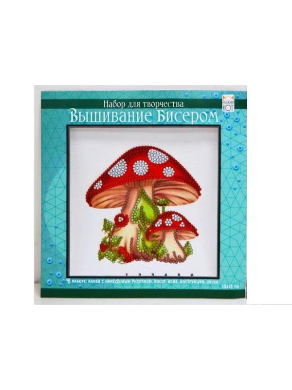 Набор для вышивания бисером 15x15см(частичное заполнение,канва с рис) Яркие грибочки