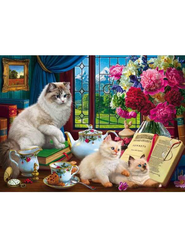 Холст с красками 40х50 см по номерам. КОТЯТА И ЧАЙНЫЙ СЕРВИЗ