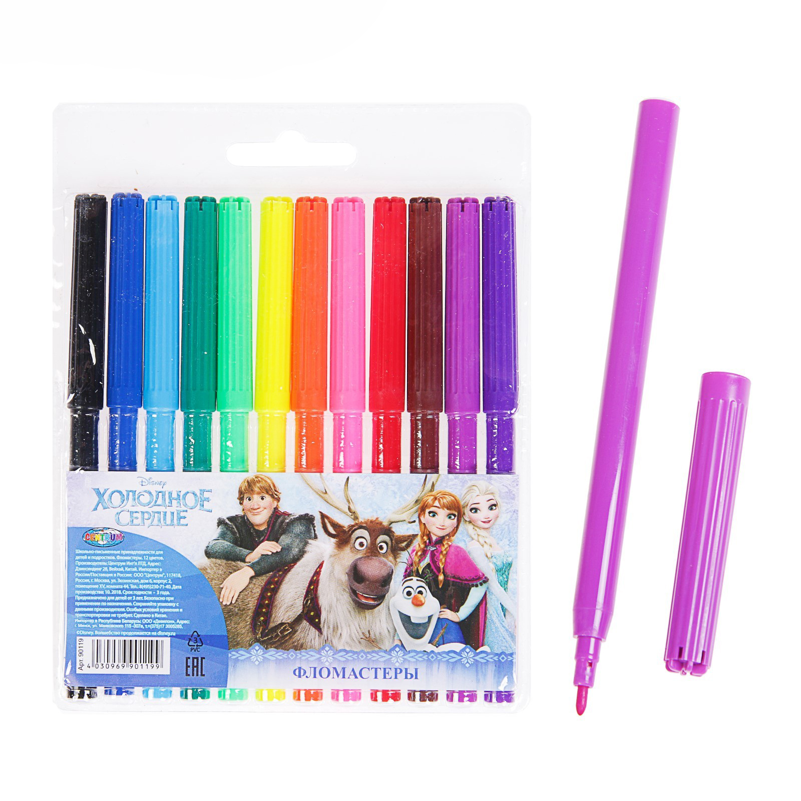 Фломастеры 12 цветов Холодное сердце, на водной основе в упаковке с европодвесом
