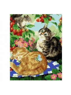 Холст с красками 40х50 см по номерам. КОТЯТА И БЕЛОЧКА