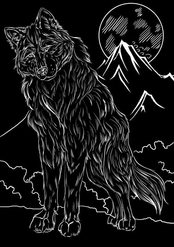 Гравюра А5 в пакете с ручкой. Серебро. ВОЛК И ЛУНА