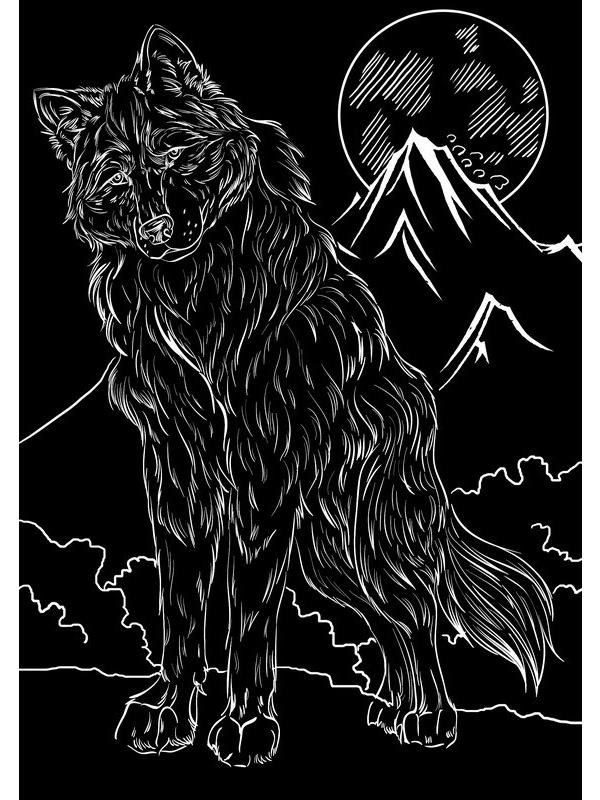 Гравюра А5 в пакете с ручкой. Серебро. ВОЛК И ЛУНА