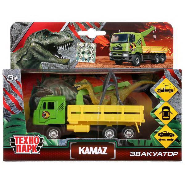 Машинка Технопарк Кamaz эвакуатор и динозавр открываются двери, багажник, инерцонная, металлическая 9 см