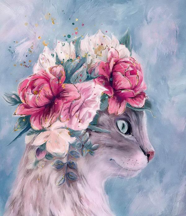 Набор для творчества холст с красками по номерам. КОТИК С ЦВЕТАМИ 40 на 50 см