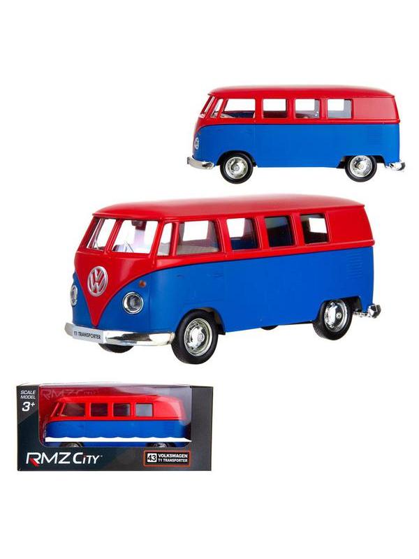 Машинка металлическая Uni-Fortune RMZ City 1:32 Автобус инерционный Volkswagen Type 2 (T1) Transporter, цвет матовый красный с синим, 16,5*7,5*7 см