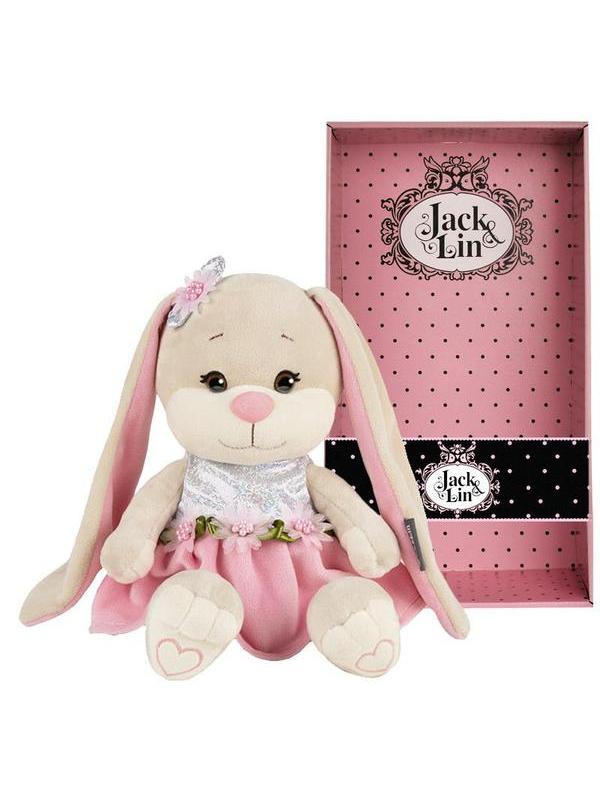 Мягкая игрушка Maxitoys Jack&Lin Зайка в Розовом Платьице с Цветами, 20 см, в Коробке