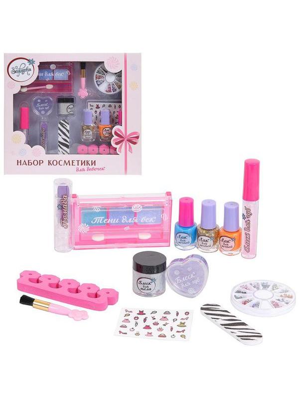 Набор косметики для девочек Зефирка, 3 лака, 2 блеска, помада, палетка теней, блеск для тела и аксессуары