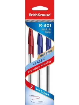 Ручка шариковая ErichKrause R-301 CLASSIC 1.0 Stick&Grip в наборе из 3 штук (пакет, две синие, одна красная)