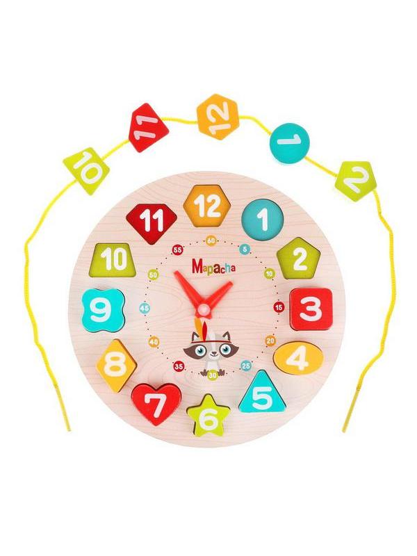 Развивающая игра Mapacha 3 в 1 Часы вкладыш, шнуровка, обучение формам и цифрам