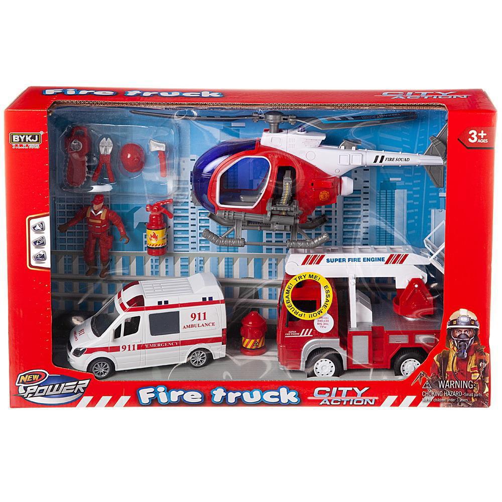 Набор игровой Junfa Служба спасения (пожарная машина, скорая помощь, вертолет, акссесуары), со световыми и звуковыми эффектами, в коробке