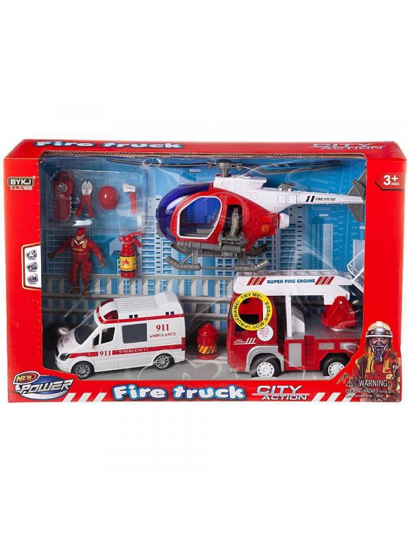 Набор игровой Junfa Служба спасения (пожарная машина, скорая помощь, вертолет, акссесуары), со световыми и звуковыми эффектами, в коробке