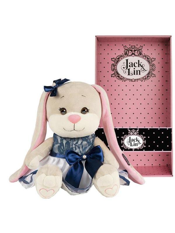 Мягкая игрушка Maxitoys Jack&Lin Зайка в Сине-Белом Платье с Бантом, 25 см, в Коробке
