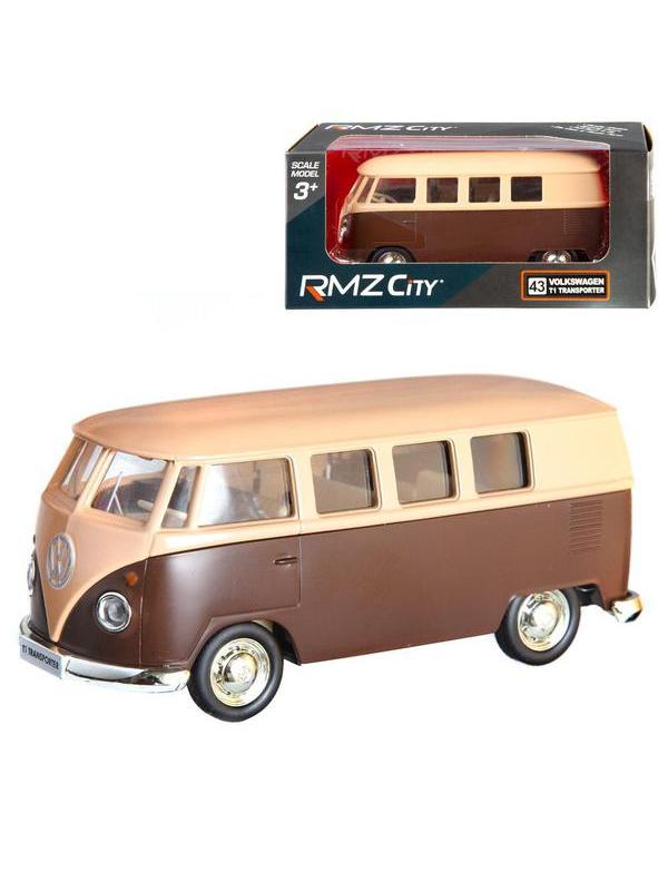 Машинка металлическая Uni-Fortune RMZ City 1:32 Автобус инерционный Volkswagen Type 2 (T1) Transporter, цвет матовый бежевый с коричневым, 16,5*7,5*7