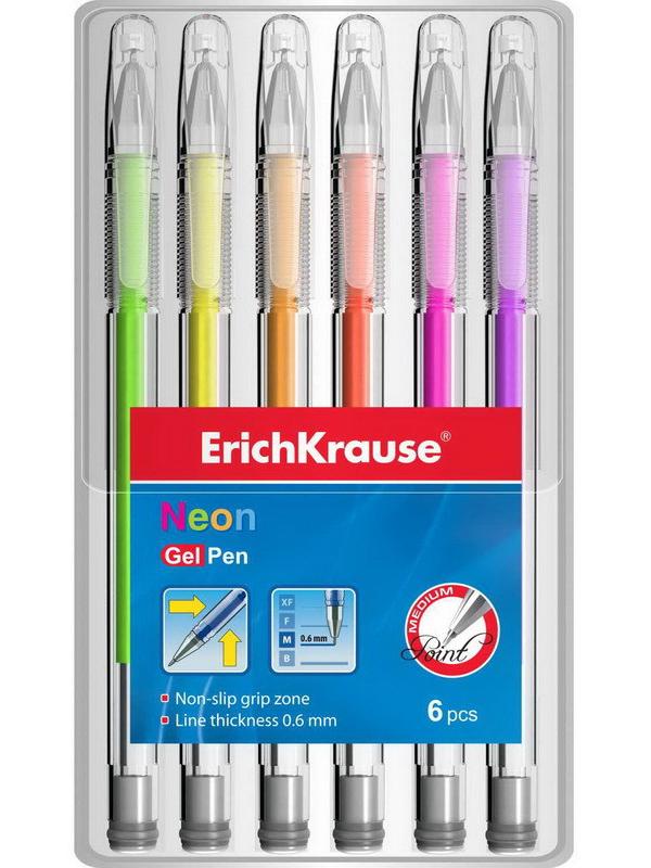 Ручка гелевая ErichKrause Neon в наборе из 6 штук (пауч, ассорти шесть цветов)