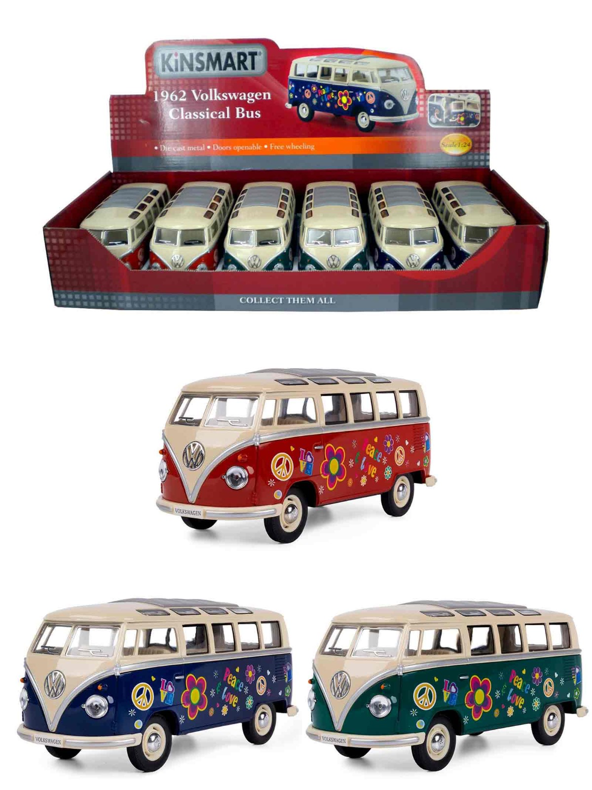 Металлическая машинка Kinsmart 1:24 «1962 Volkswagen Classical Bus (С принтом)» KT7005DF / Микс