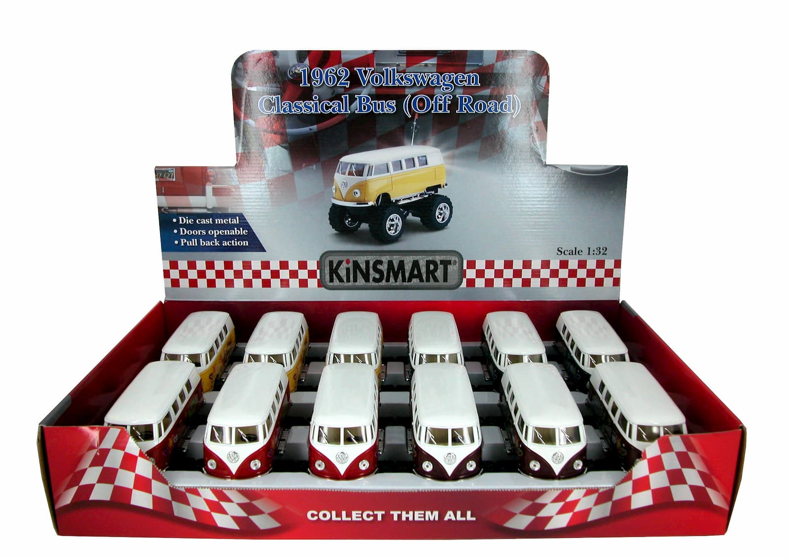 Металлическая машинка Kinsmart 1:32 «1962 Volkswagen Classical Bus w/ printing (Off Road)» KT5060DFB инерционная / Микс