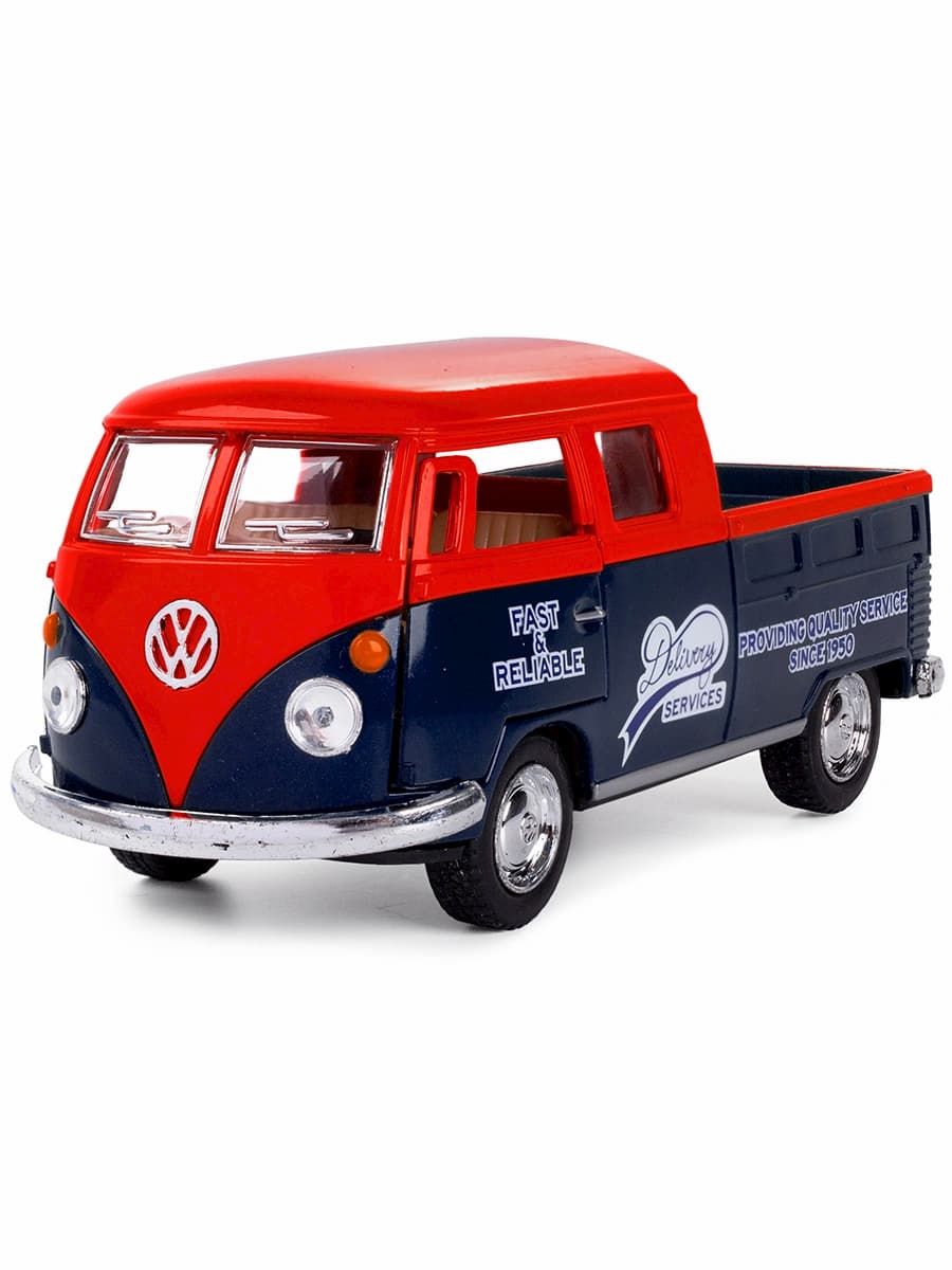 Металлическая машинка Kinsmart 1:34 «1963 Volkswagen Bus Double Cab Pickup (Delivery)» KT5396D инерционная / Красный