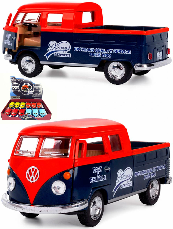 Металлическая машинка Kinsmart 1:34 «1963 Volkswagen Bus Double Cab Pickup (Delivery)» KT5396D инерционная / Красный