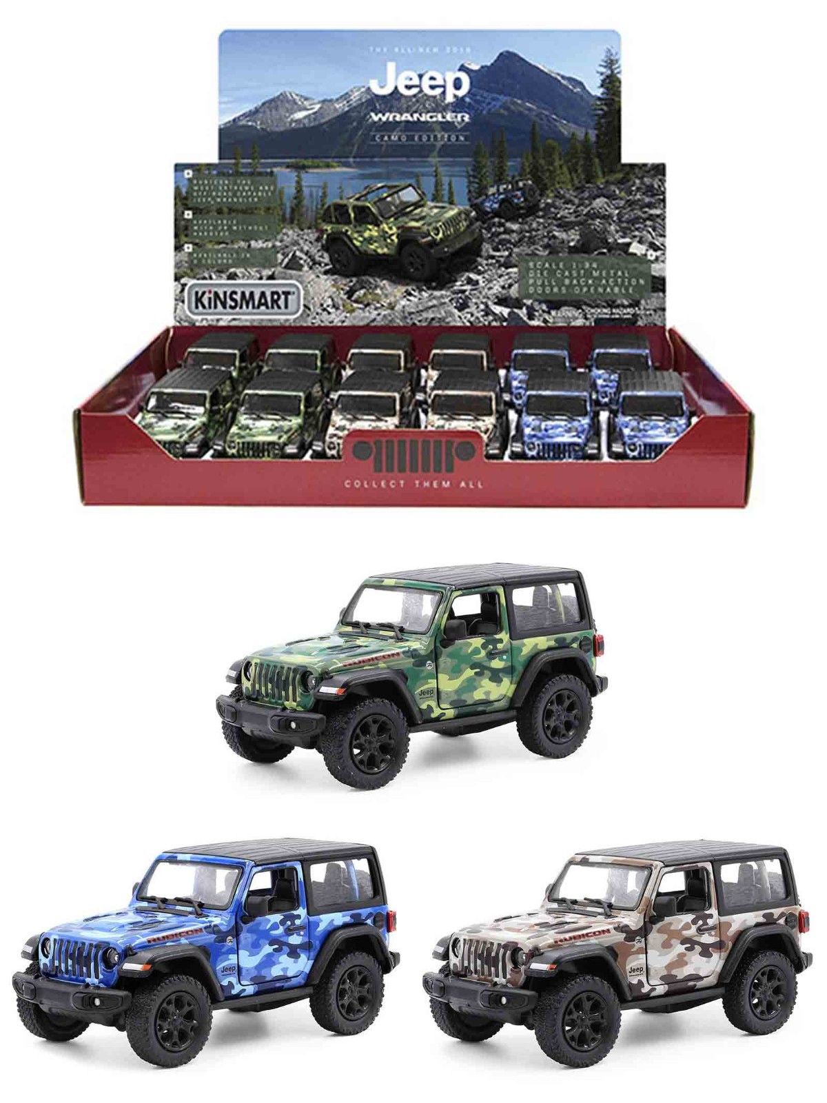 Металлическая машинка Kinsmart 1:34 «2018 Jeep Wrangler Camo Edition (Жесткий верх)» KT5420DB, инерционный / Микс