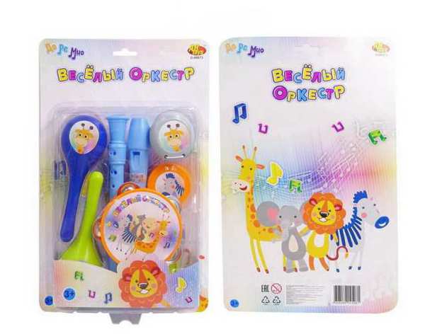 Веселый оркестр. Набор музыкальных инструментов: флейта, маракасы, бубен, кастаньеты.