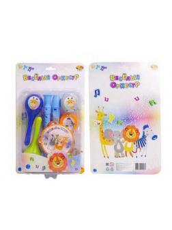 Веселый оркестр. Набор музыкальных инструментов: флейта, маракасы, бубен, кастаньеты.