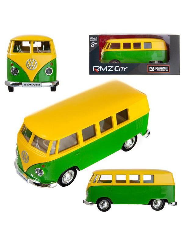 Машинка металлическая Uni-Fortune RMZ City 1:32 Автобус инерционный Volkswagen Type 2 (T1) Transporter, цвет желтыйй с зеленым, 16,5*7,5*7 см