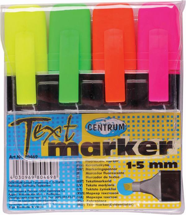 Текстовыделители набор 4 штуки в ПВХ упаковке