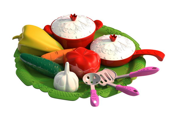 Набор овощей и кухонной посуды Волшебная Хозяюшка (12 предметов на подносе) 7х31,5х31,5 см.