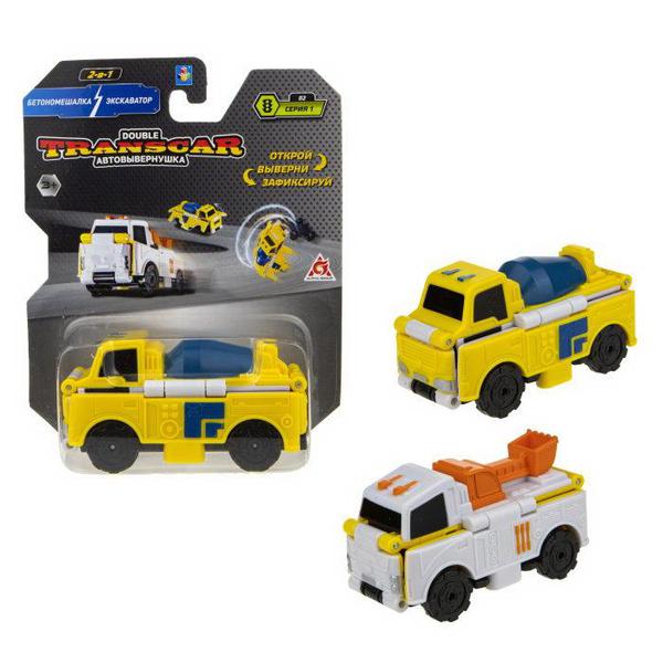 Машинка-трансформер 1TOY Transcar Double Автовывернушка Бетономешалка - Экскаватор 8 см