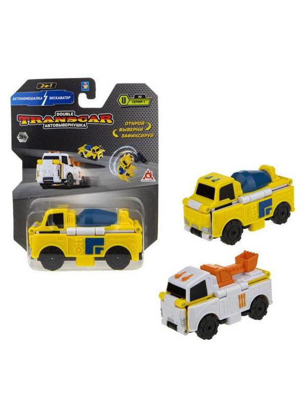 Машинка-трансформер 1TOY Transcar Double Автовывернушка Бетономешалка - Экскаватор 8 см