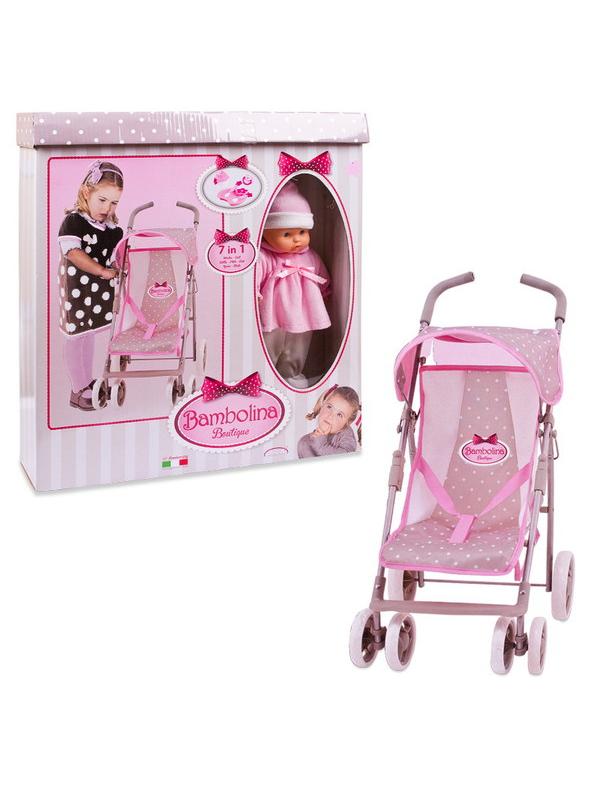 Кукла DIMIAN Bambolina Boutique в наборе 7 в 1 с прогулочной коляской с поворотными колесами и аксессуарами