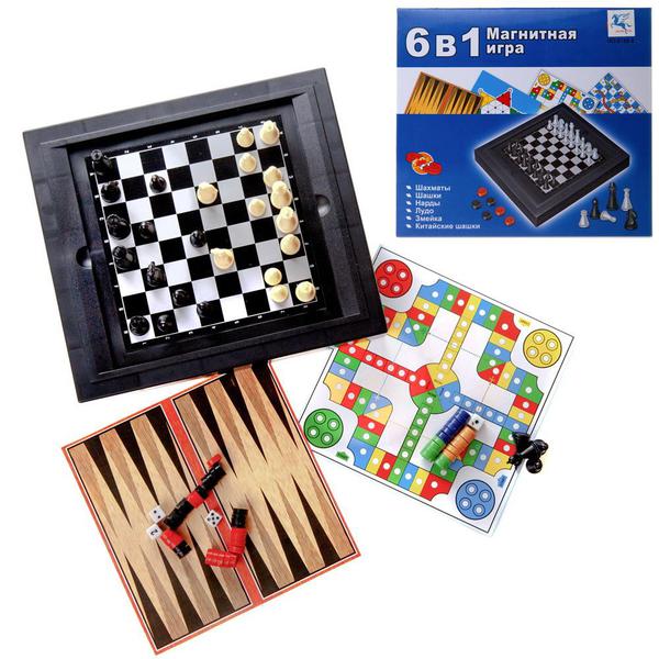 Игра настольная магнитная 6в1 (шахматы, шашки, нарды, лудо, змейка, китайские шашки)