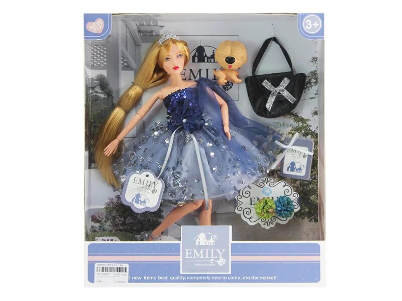 Кукла шарнирная Emily Синяя серия с собачкой, сумочкой и аксессуарами, 28см WJ-12664 / ABtoys