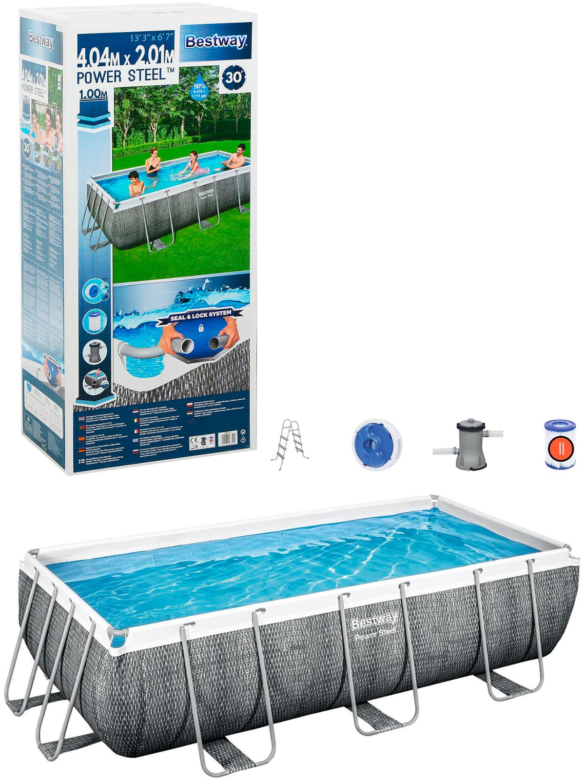 Прямоугольный каркасный бассейн BestWay «Power Steel» 56721 404х201х100см, фильтр-насос, лестница