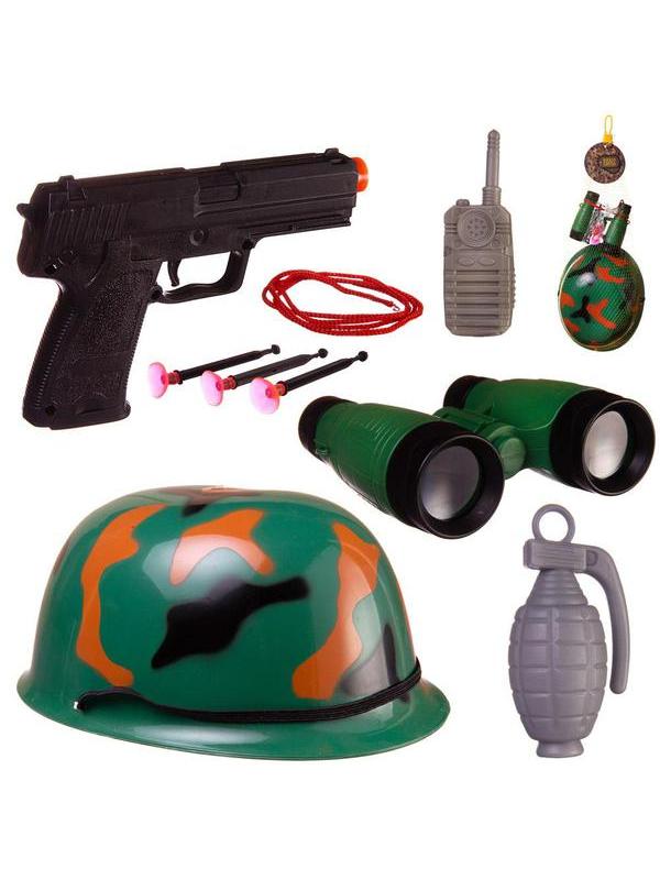 Игровой набор Abtoys Боевая сила Военная каска, пистолет с пулями на присосках, бинокль, рация, граната с аксессуарами, в сетке