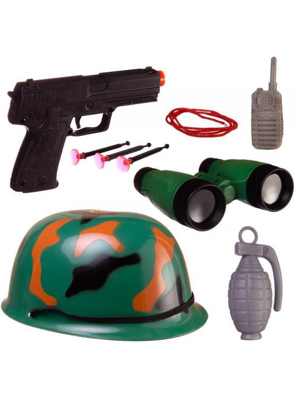Игровой набор Abtoys Боевая сила Военная каска, пистолет с пулями на присосках, бинокль, рация, граната с аксессуарами, в сетке
