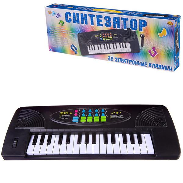 Синтезатор черный 32 клавиши, с микрофоном, эл/мех, работает от батареек, 44,5x5,5x15,5
