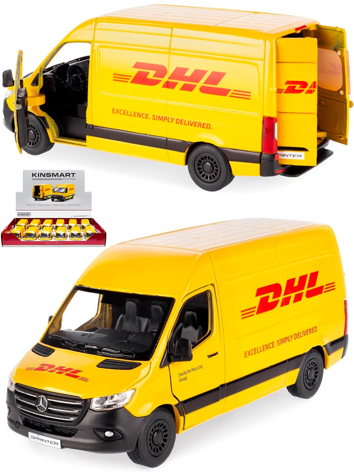 Металлическая машинка Kinsmart 1:48 «Mercedes-Benz Sprinter DHL Edition» KT5429D, инерционная