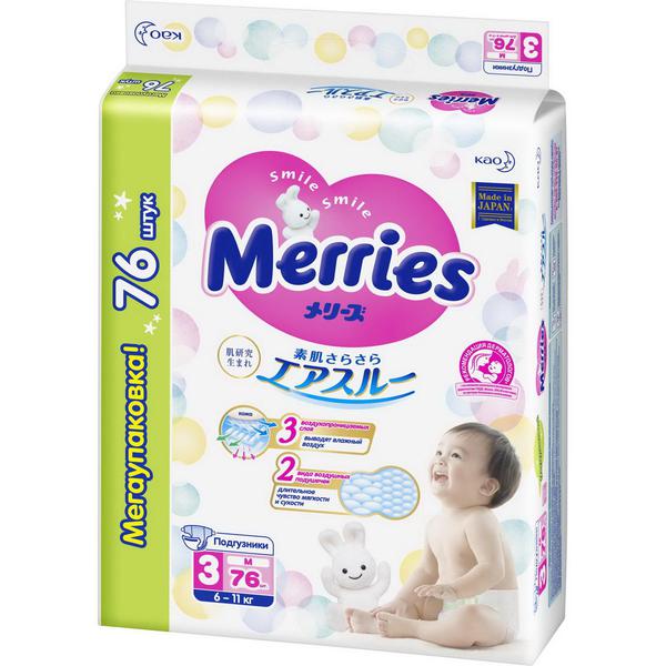 Подгузники Merries размер M 6-11кг 76 шт