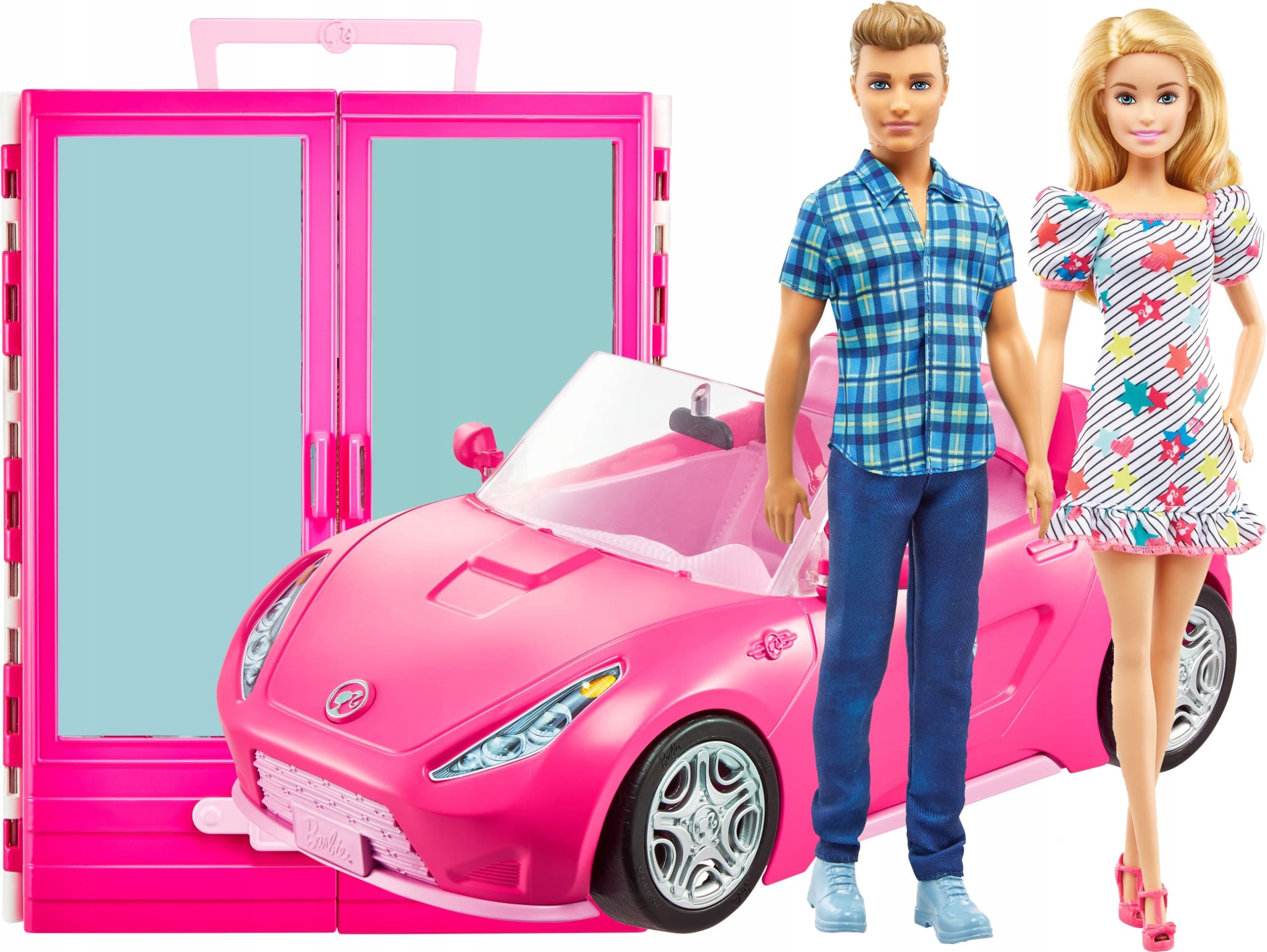 Игровой набор Mattel Barbie Барби и Кен с гардеробом и розовой машиной кабриолет GVK05