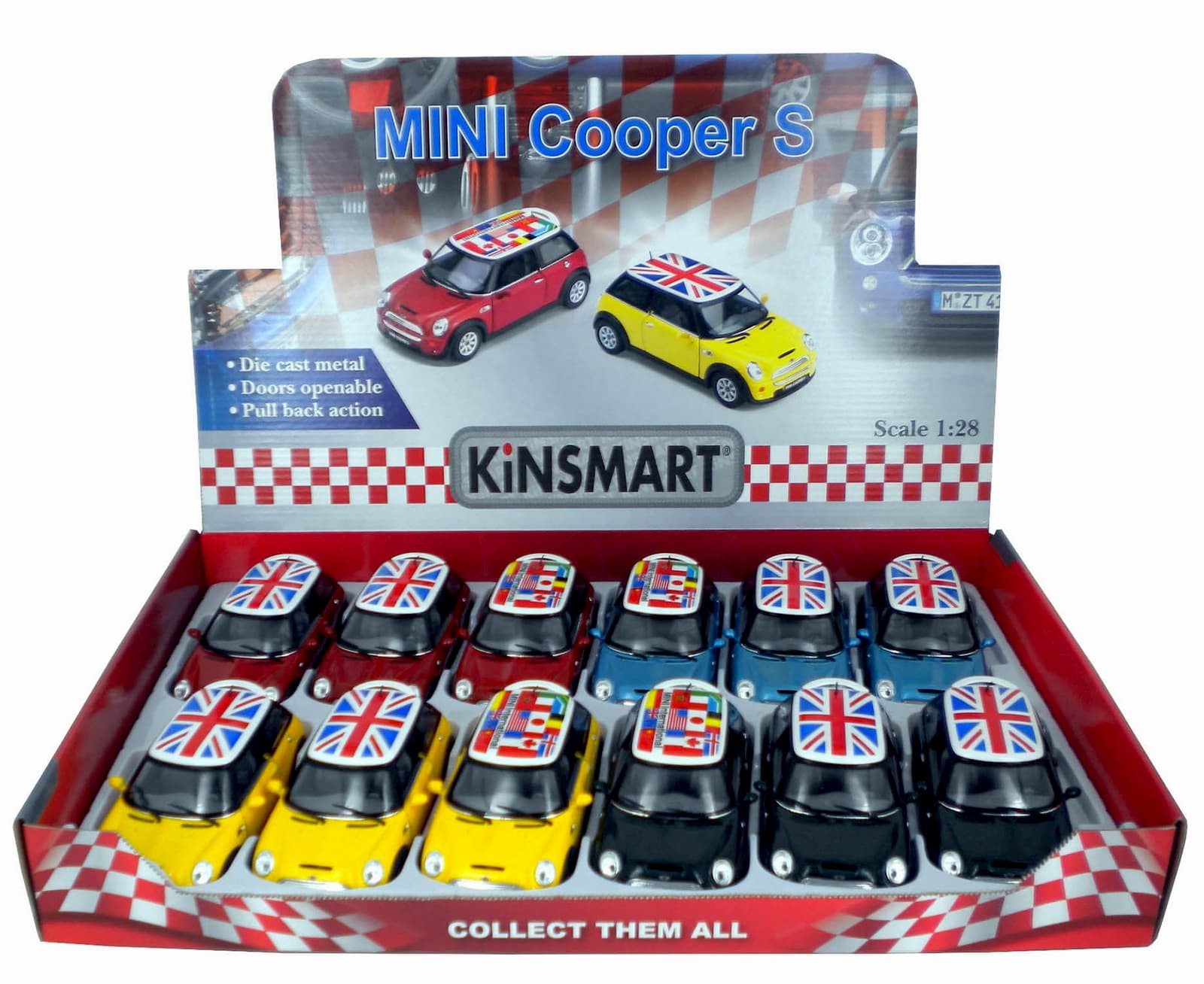 Металлическая машинка Kinsmart 1:28 «Mini Cooper S (С принтом флага)» KT5059DF инерционная / Голубой