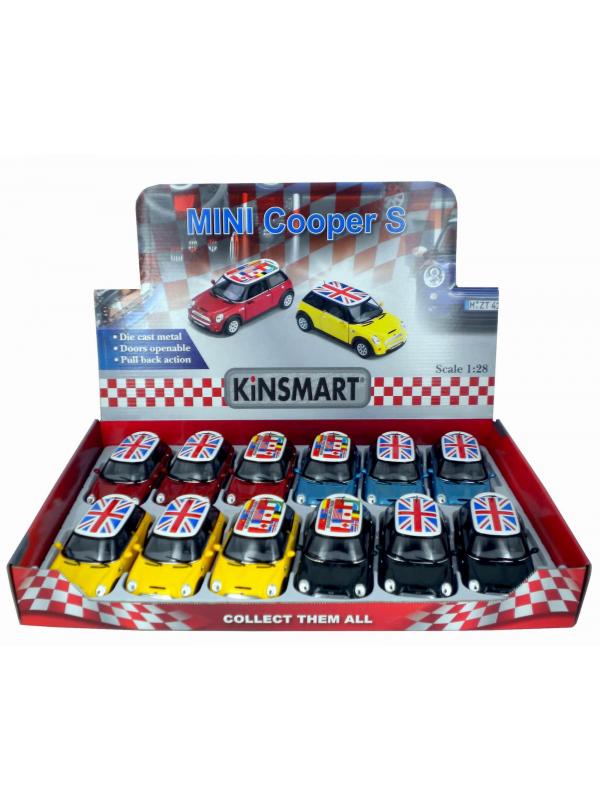 Металлическая машинка Kinsmart 1:28 «Mini Cooper S (С принтом флага)» KT5059DF инерционная / Красный