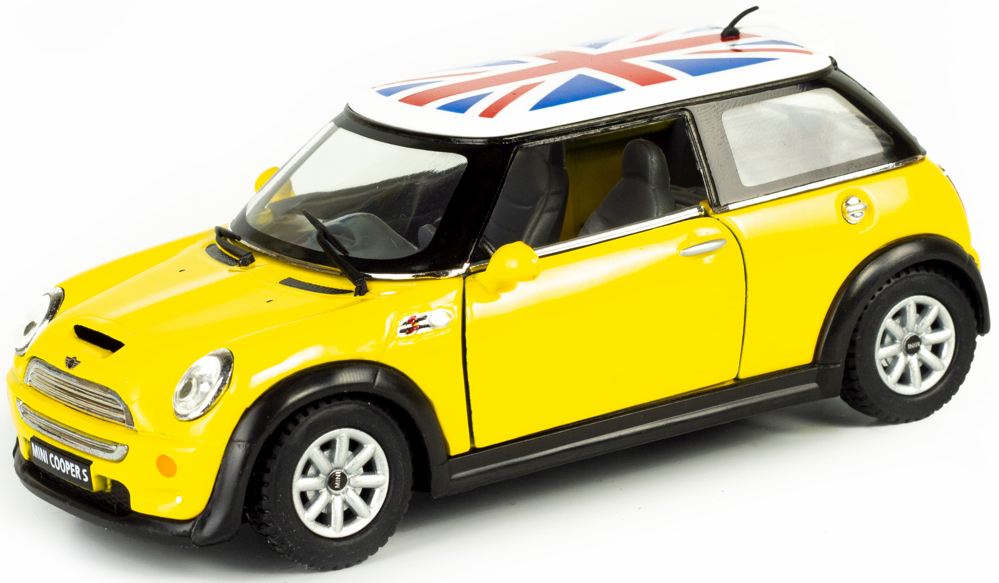 Металлическая машинка Kinsmart 1:28 «Mini Cooper S (С принтом флага)» KT5059DF инерционная / Желтый