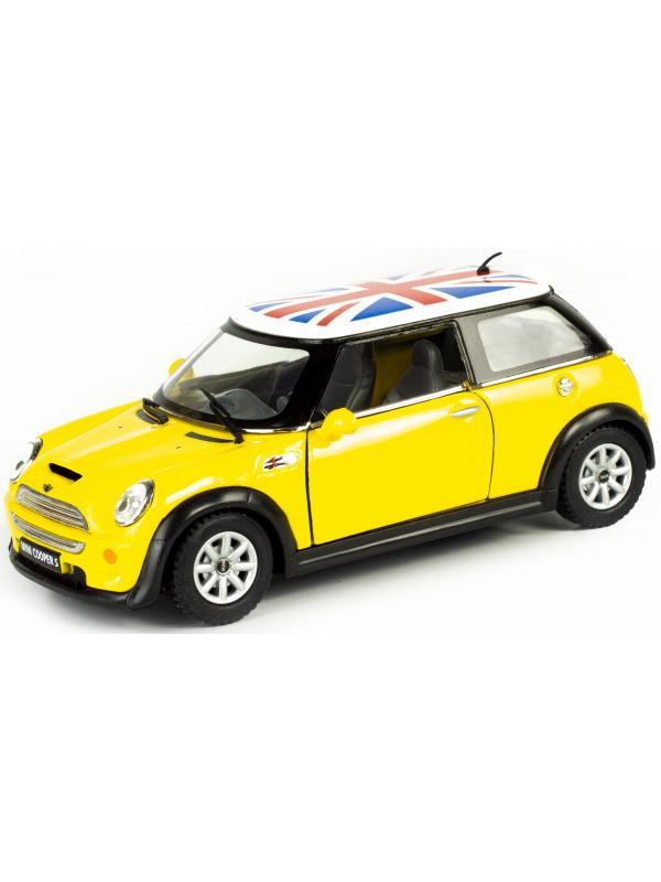 Металлическая машинка Kinsmart 1:28 «Mini Cooper S (С принтом флага)» KT5059DF инерционная / Желтый