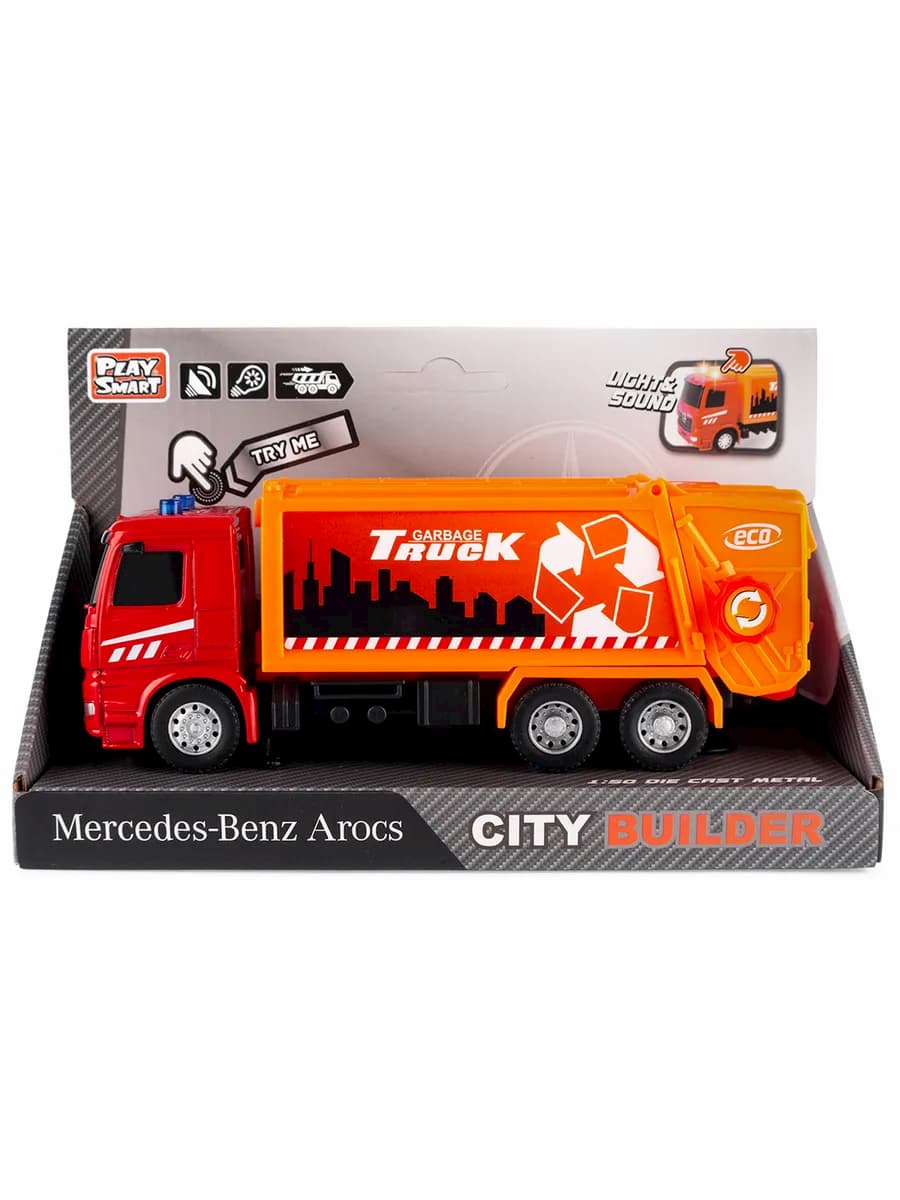 Машина инерционная Play Smart 1:50 «Mercedes-Benz Arocs: Мусоровоз» 6727 Автопарк, свет и звук / Микс