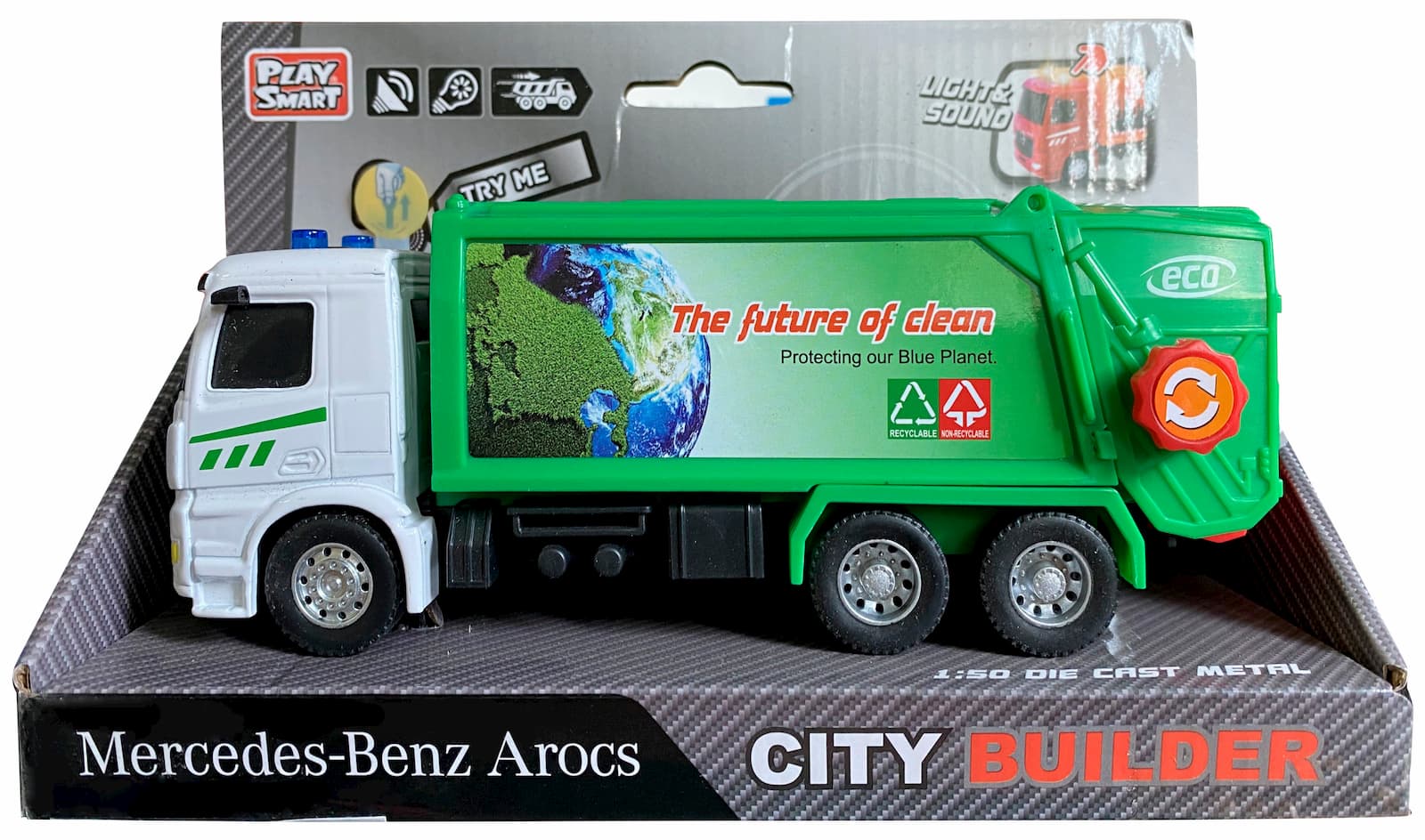 Машина инерционная Play Smart 1:50 «Mercedes-Benz Arocs: Мусоровоз» 6727 Автопарк, свет и звук / Микс